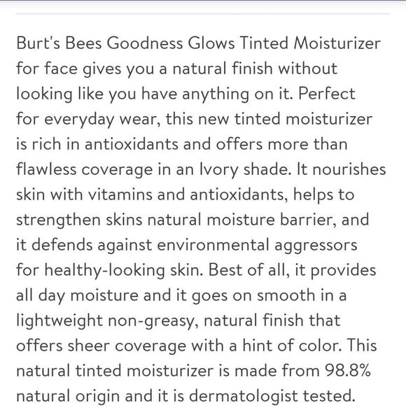 Burt's Bees 🐝 Goodness Glows Natural Tinted Moisturizer Tube #2010 Ivory 1oz - Picture 6 of 7
